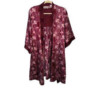 Contessa Di Roma Womens Floral Kimono Robe Burgundy Pink Satin
